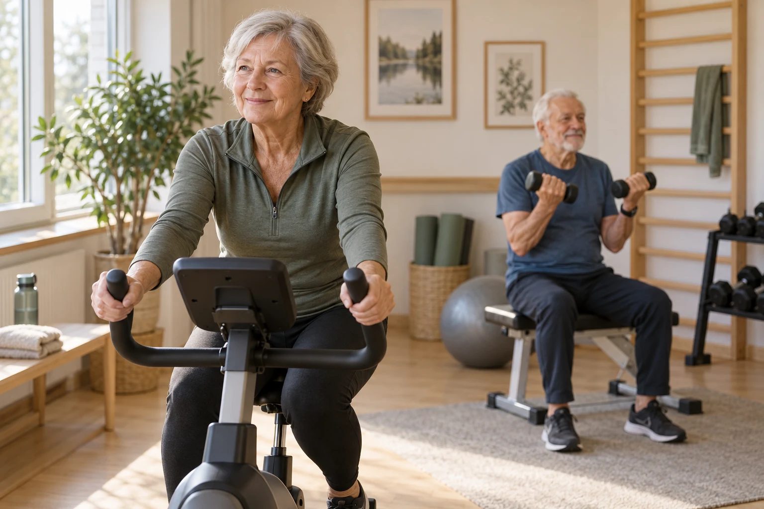 Illustrationsbild: äldre vuxna tränar lugnt i ett mindre gym.